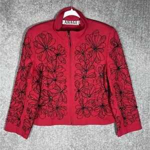 Vintage‎ ANAGE Zip Front Jacket Womens Size Medium Red Black Beaded Floral Y2K